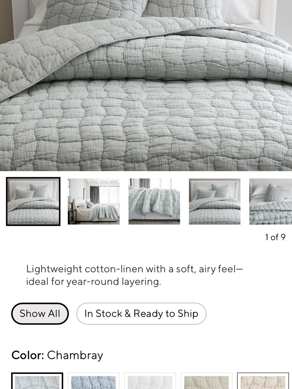 King size PB Chambray Cotton-Linen Quilt Set - Light Gray
